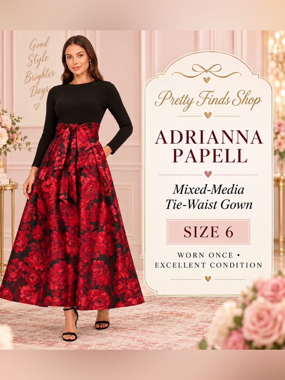 Adrianna Papell Black Top with Red Floral Tie-Waist Maxi Dress